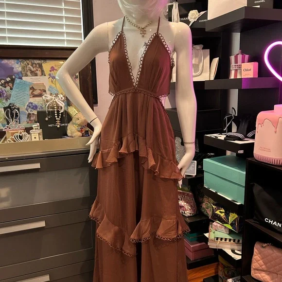 knee length dresses for ladies Sloane Brown Ruffled Lace Trim Maxi Dress
